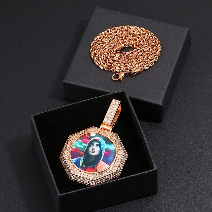 Custom 14K Gold Photo Pendant Necklace- Octagon Shaped Photo Necklace