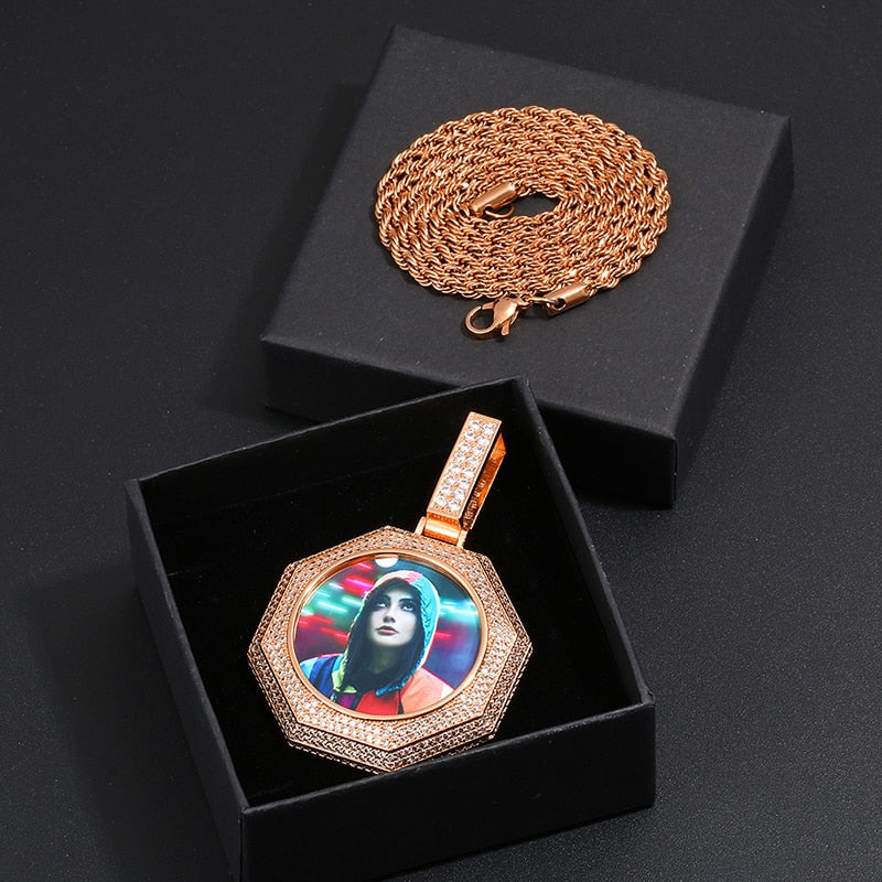 Custom 18K Gold Photo Pendant Necklace- Octagon Pendant Necklace