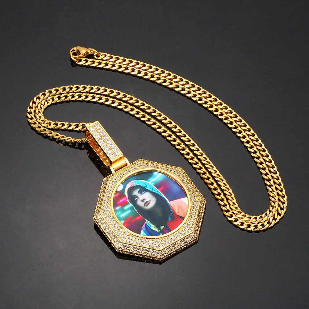 Custom 18K Gold Photo Pendant Necklace- Octagon Pendant Necklace