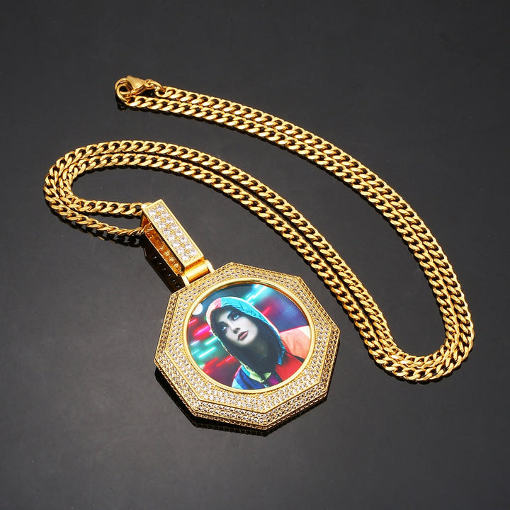 Custom 14K Gold Photo Pendant Necklace- Octagon Shaped Photo Necklace