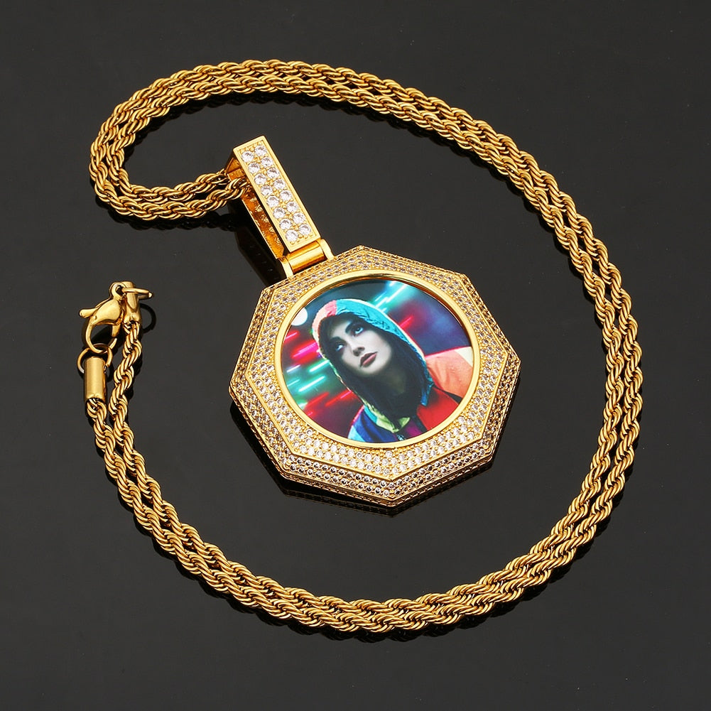 Custom 14K Gold Photo Pendant Necklace- Octagon Shaped Photo Necklace