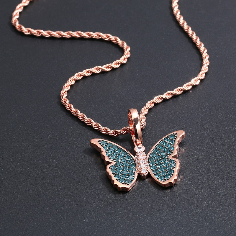 Blue Crystal Butterfly Pendant Necklace Bling Hip Hop Jewelry