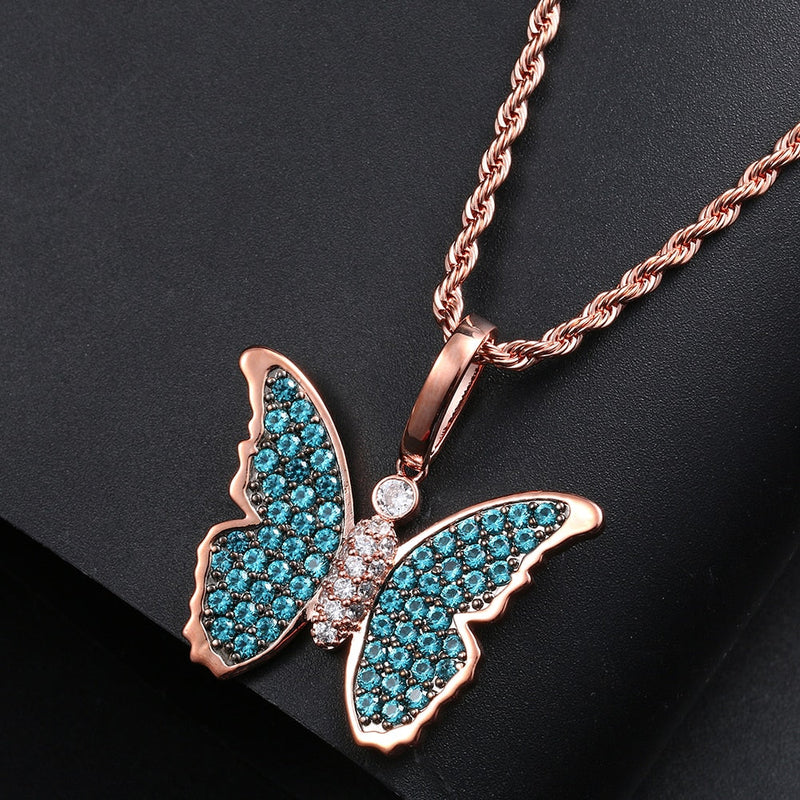 Blue Crystal Butterfly Pendant Necklace Bling Hip Hop Jewelry