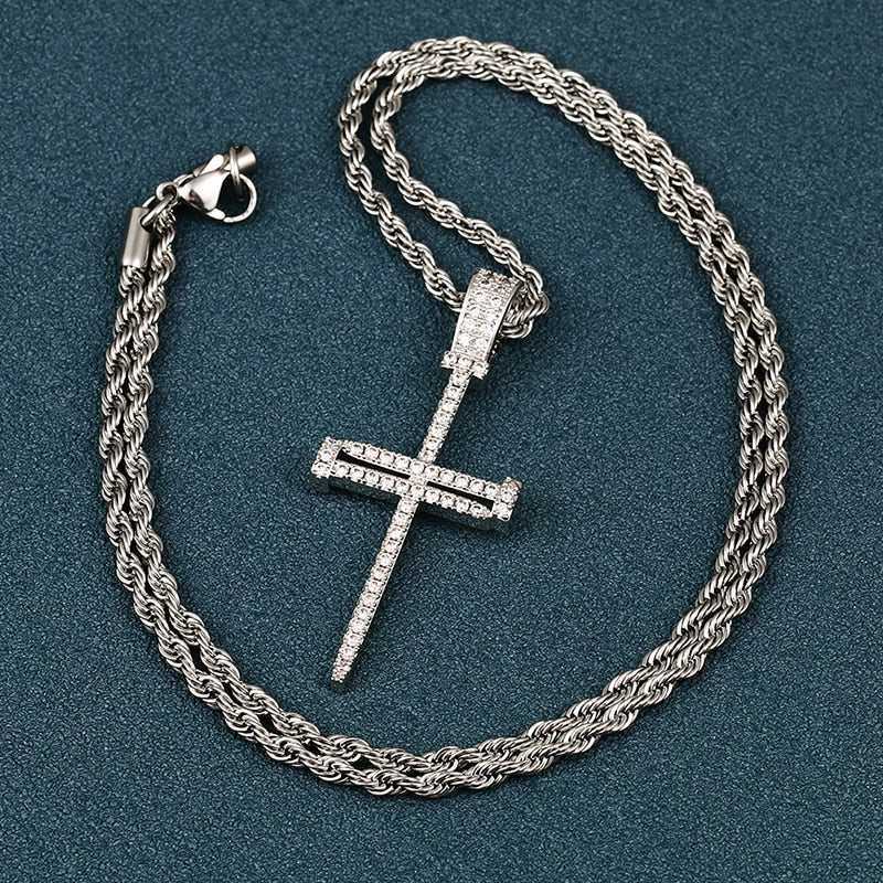 Iced Out Cross Punk Nail Pendant Necklace For Women