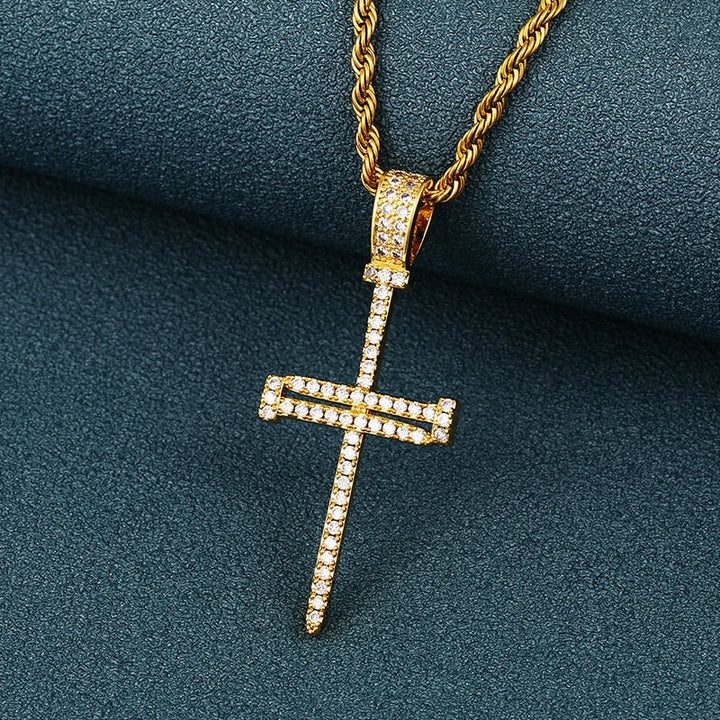 Iced Out Cross Punk Nail Pendant Necklace For Women