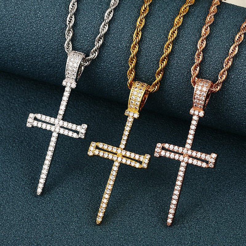 Iced Out Cross Punk Nail Pendant Necklace For Women