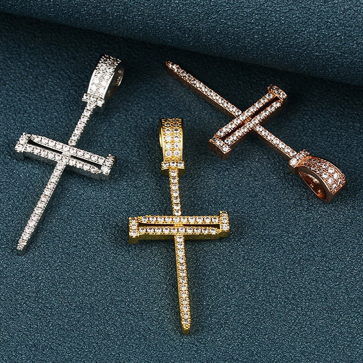 Iced Out Cross Punk Nail Pendant Necklace For Women