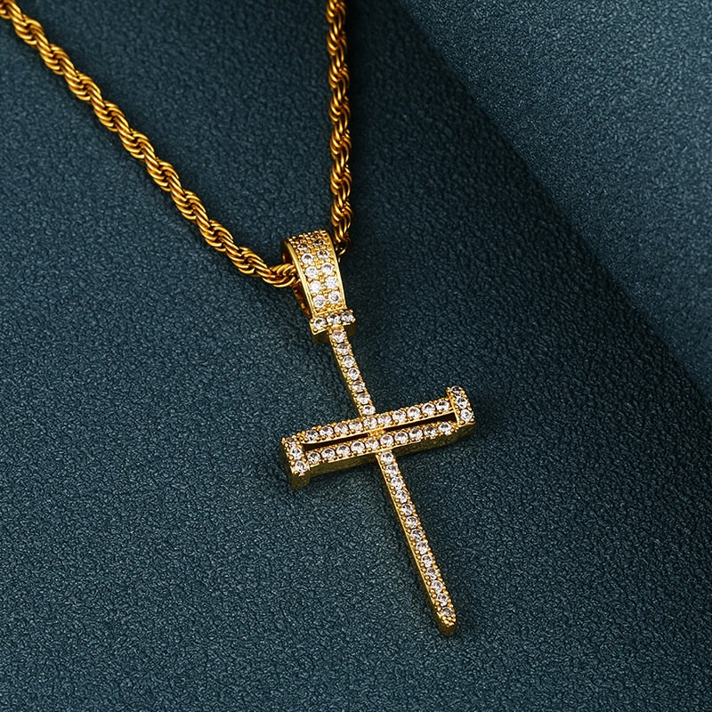 Iced Out Cross Punk Nail Pendant Necklace For Women
