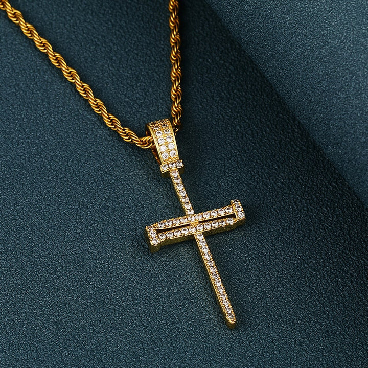 Iced Out Cross Punk Nail Pendant Necklace For Women