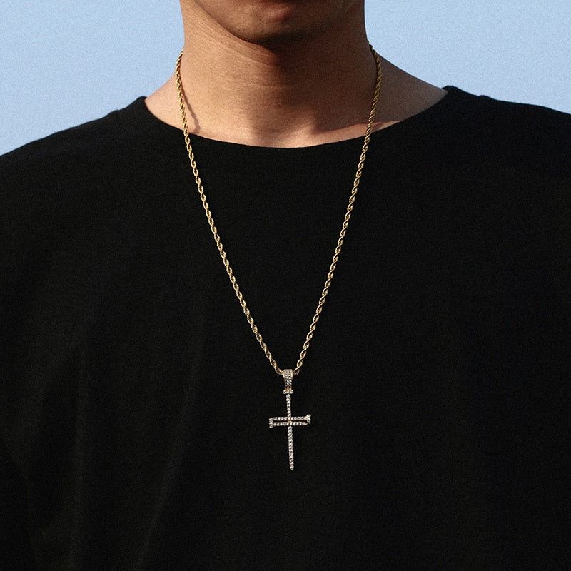 Iced Out Cross Punk Nail Pendant Necklace For Women