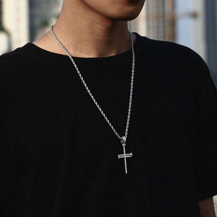 Iced Out Cross Punk Nail Pendant Necklace For Women