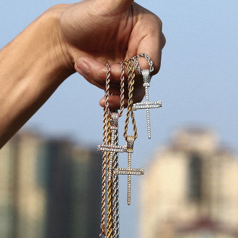 Iced Out Cross Punk Nail Pendant Necklace For Women