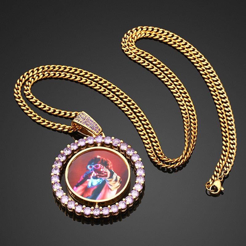 Personalized 14K Gold Plated Double Sided Photo Rotating Medallion Hip Hop Necklace