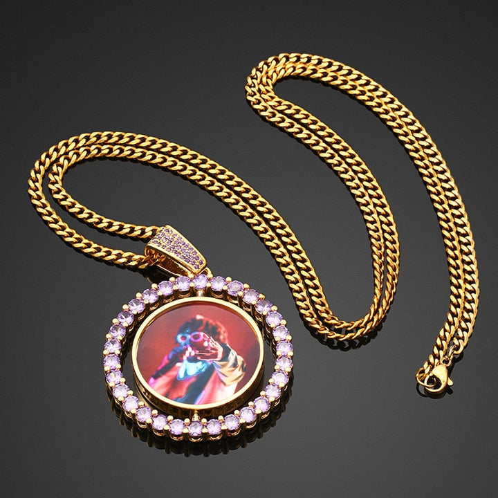 Personalized 14K Gold Plated Double Sided Photo Rotating Medallion Hip Hop Necklace