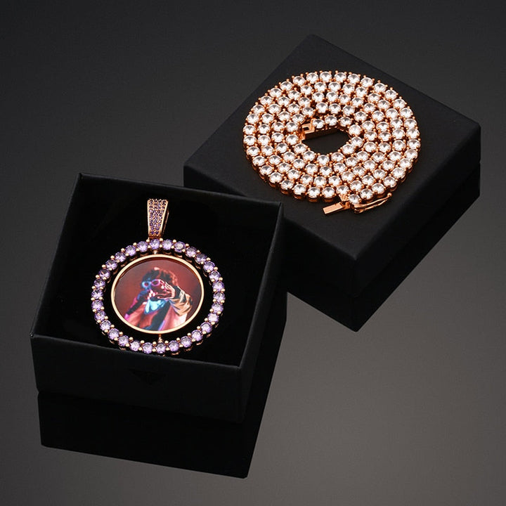 Personalized 14K Gold Plated Double Sided Photo Rotating Medallion Hip Hop Necklace