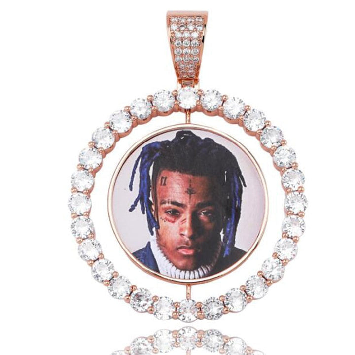 Personalized 14K Gold Plated Double Sided Photo Rotating Medallion Hip Hop Necklace