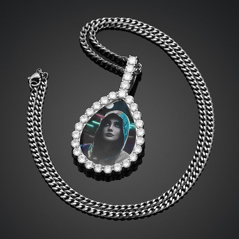Water Drop Custom Picture Necklace Medallion- Photo Pendant