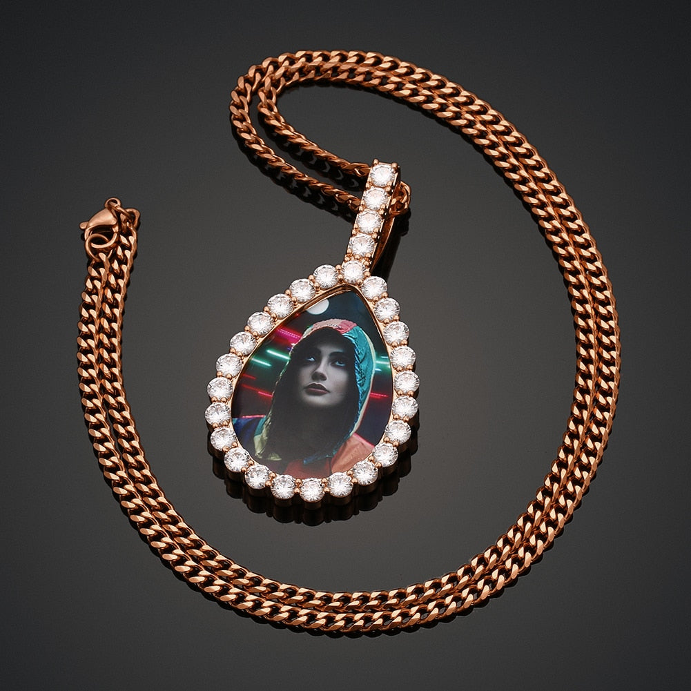 Water Drop Custom Picture Necklace Medallion- Photo Pendant