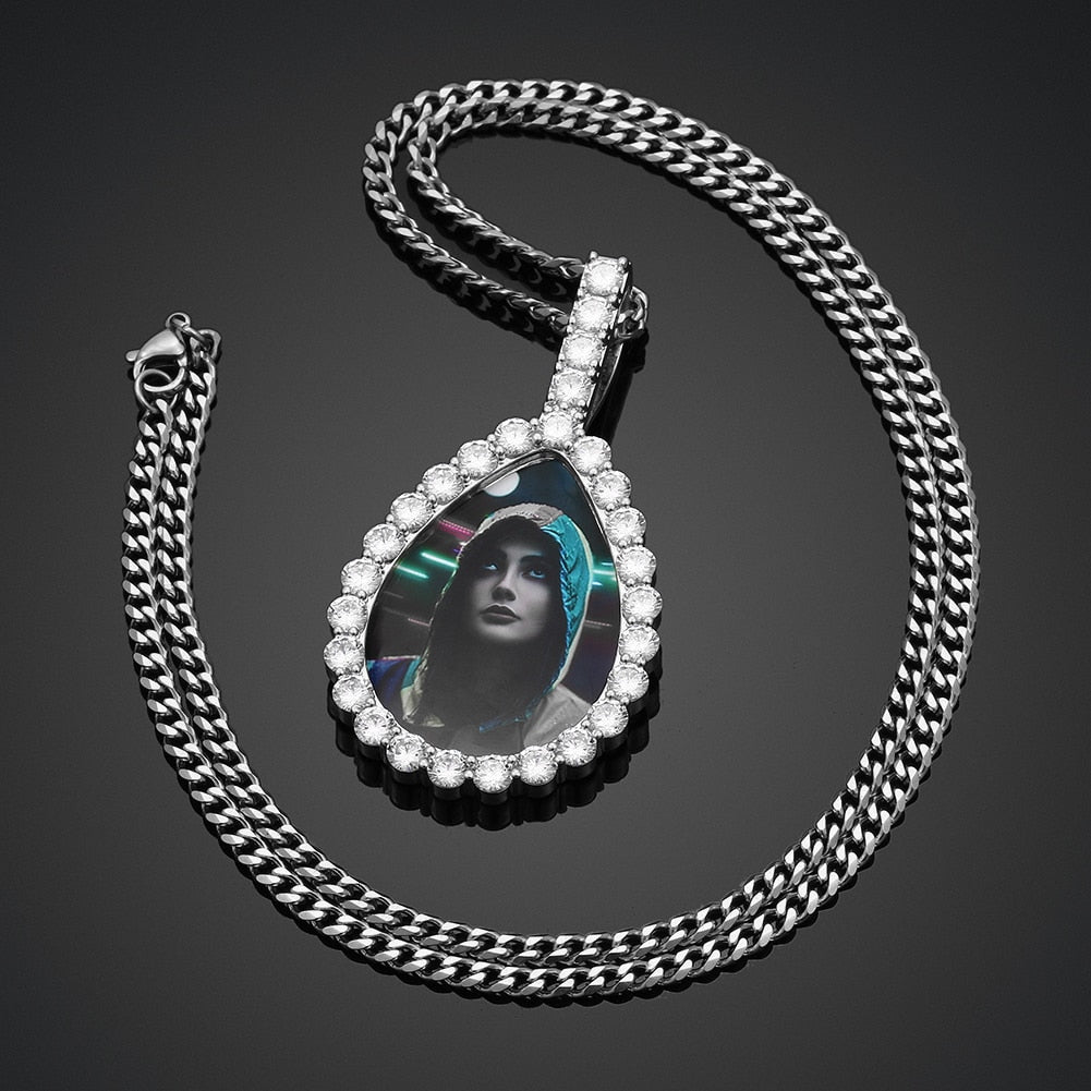 Water Drop Custom Picture Necklace Medallion- Photo Pendant