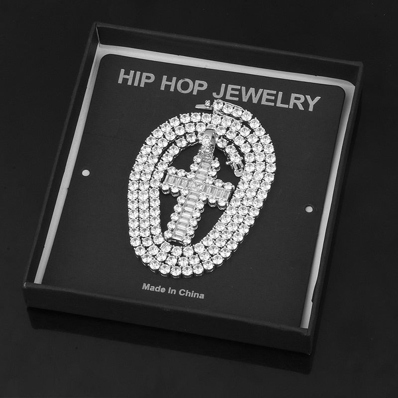 Iced Out 18k Gold Rhinestone Key of Life Egypt Cross Pendant Necklace - Hip Hop Necklace
