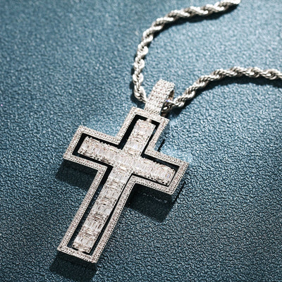 Cross Double Side Rotatable Pendant Necklace- Crucifix Pendant AAA Micro Pave Men's Hip Hop Jewelry