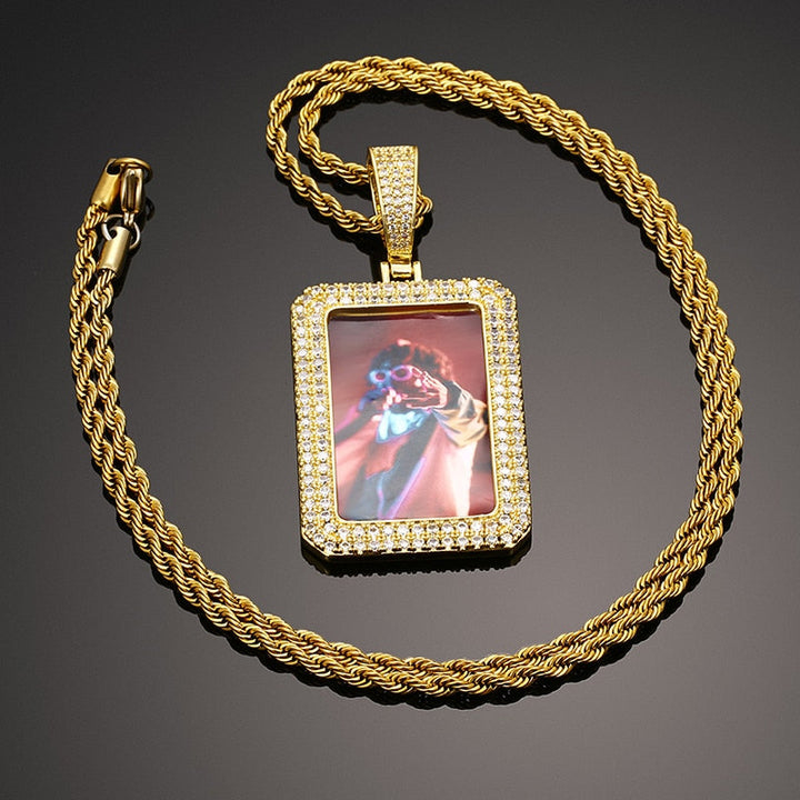 Double Row Crystal Square 18K Plating Of Gold Medallion Necklace Mens
