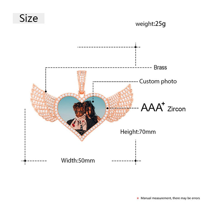 14K Gold Plated Custom Angel Wing Heart Shape Photo Medallion Necklace