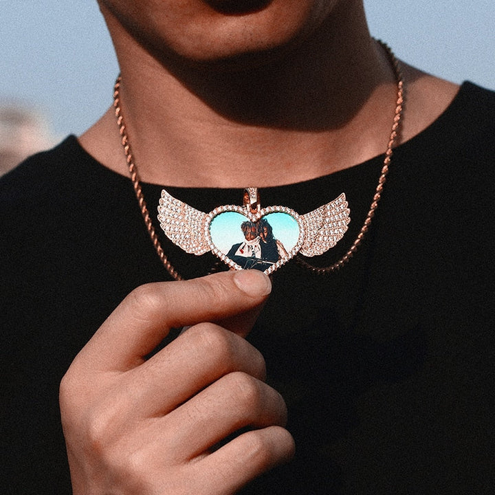 14K Gold Plated Custom Angel Wing Heart Shape Photo Medallion Necklace