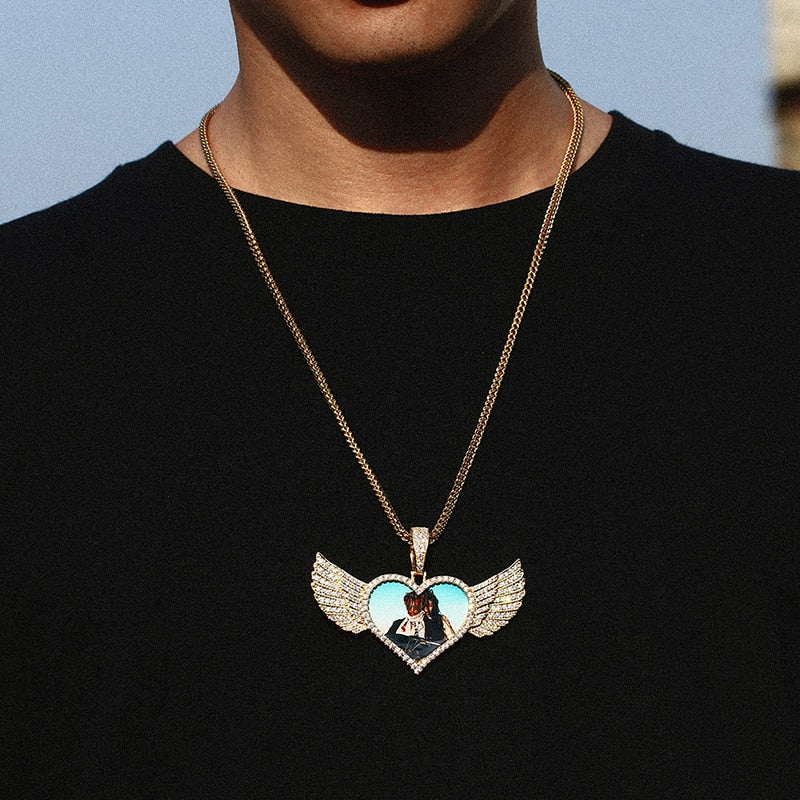 14K Gold Plated Custom Angel Wing Heart Shape Photo Medallion Necklace