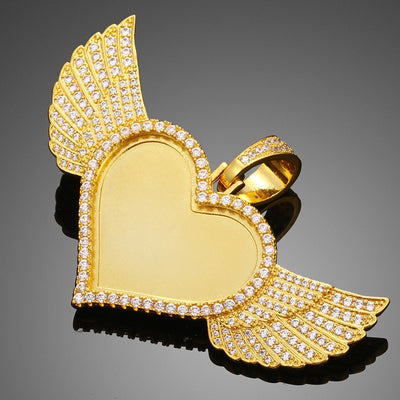 14K Gold Plated Custom Angel Wing Heart Shape Photo Medallion Necklace