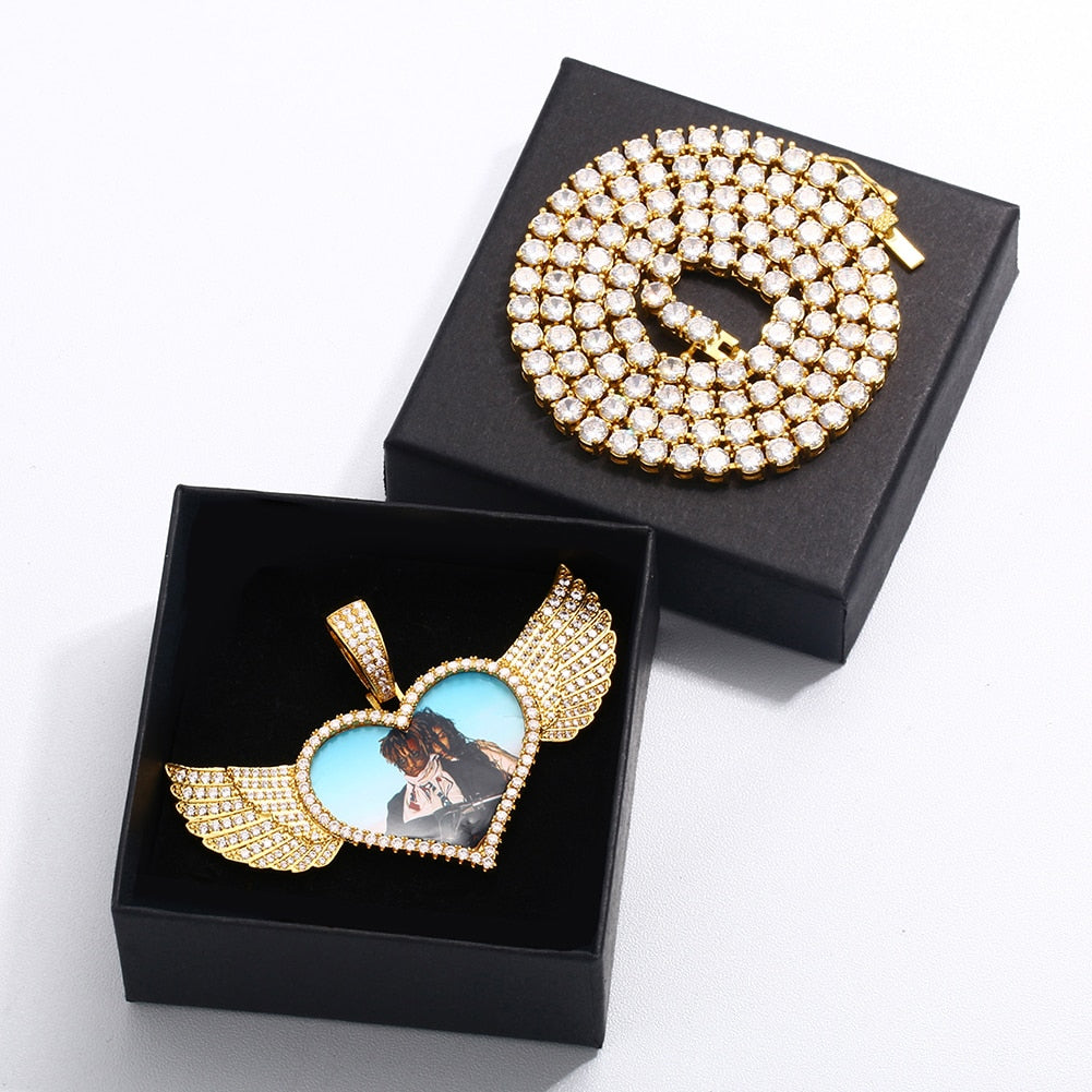 14K Gold Plated Custom Angel Wing Heart Shape Photo Medallion Necklace