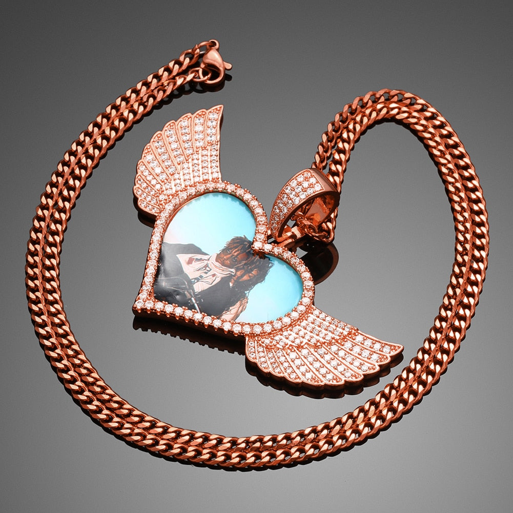 14K Gold Plated Custom Angel Wing Heart Shape Photo Medallion Necklace