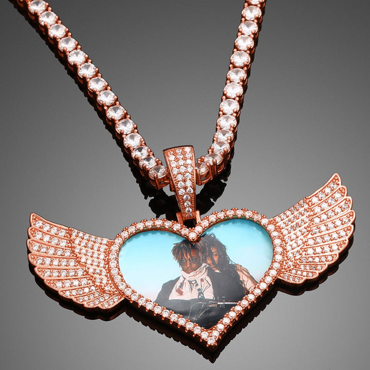 14K Gold Plated Custom Angel Wing Heart Shape Photo Medallion Necklace