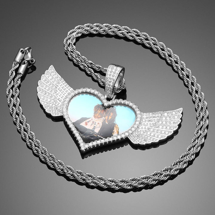 14K Gold Plated Custom Angel Wing Heart Shape Photo Medallion Necklace