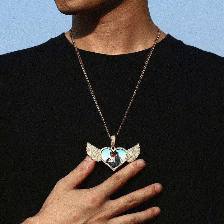 14K Gold Plated Custom Angel Wing Heart Shape Photo Medallion Necklace