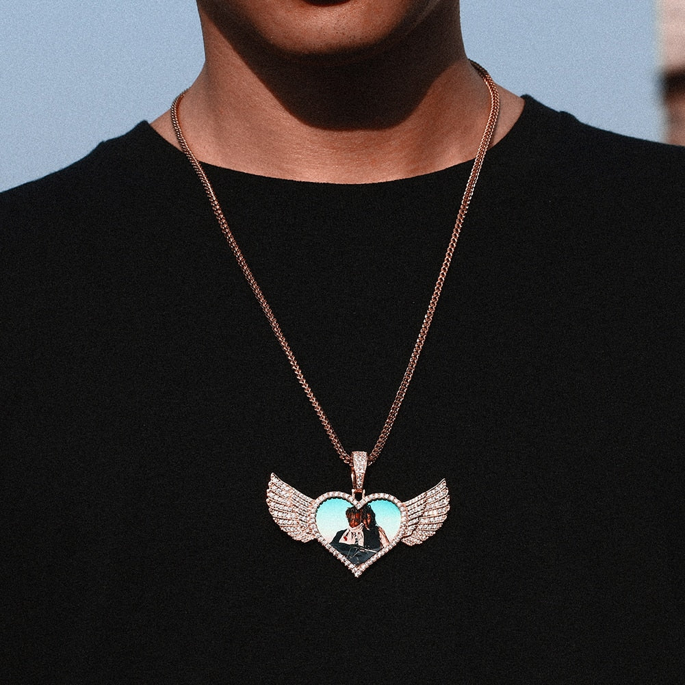 14K Gold Plated Custom Angel Wing Heart Shape Photo Medallion Necklace