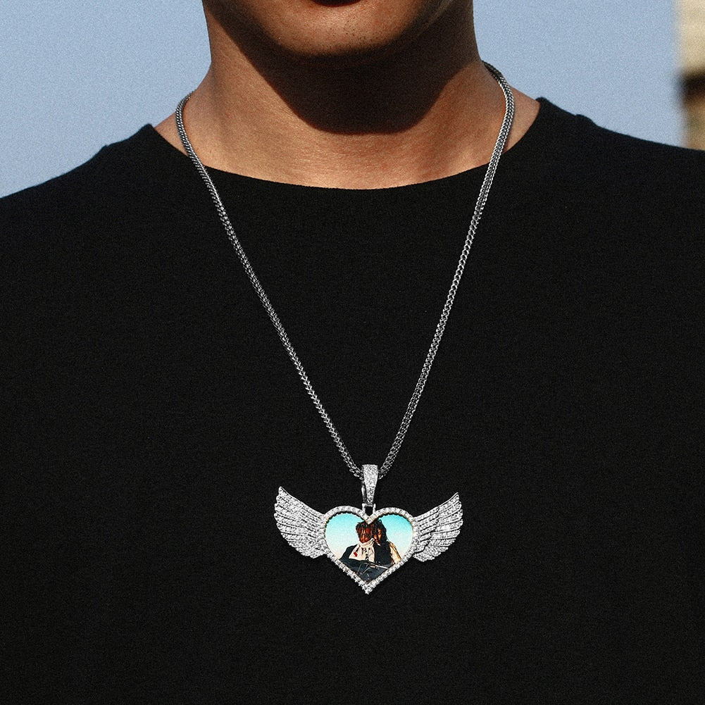 14K Gold Plated Custom Angel Wing Heart Shape Photo Medallion Necklace