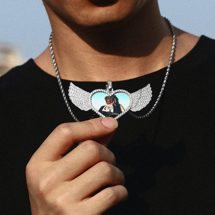 14K Gold Plated Custom Angel Wing Heart Shape Photo Medallion Necklace