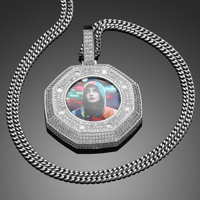 Brand New Octagon Pendant Photo Medallion Necklace For Men And Women
