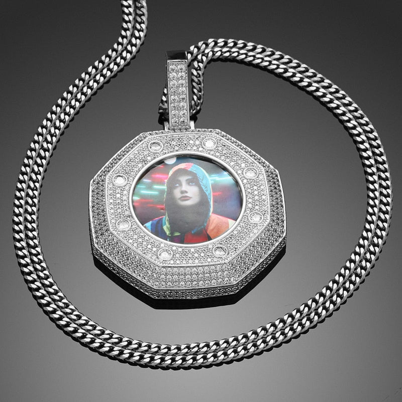 Brand New Octagon Pendant Photo Medallion Necklace For Men And Women