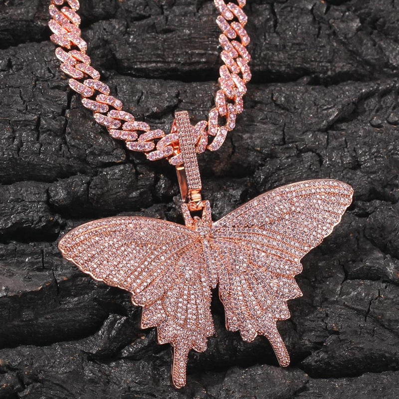 18K Gold Plated Chunky Chain Necklace Womens Bling Iced Out 3D Butterfly Necklace