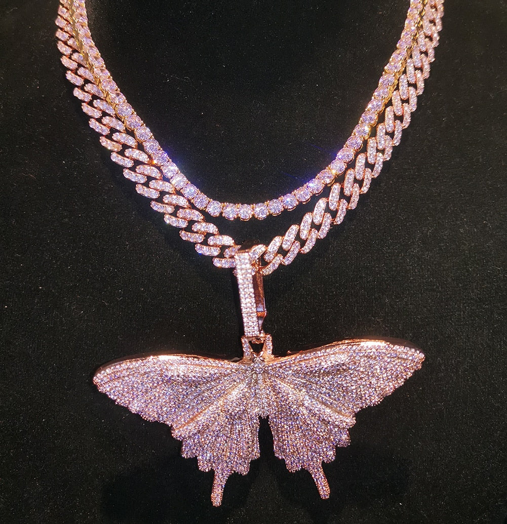 12MM Cuban Chain Necklace Womens Butterfly Necklace