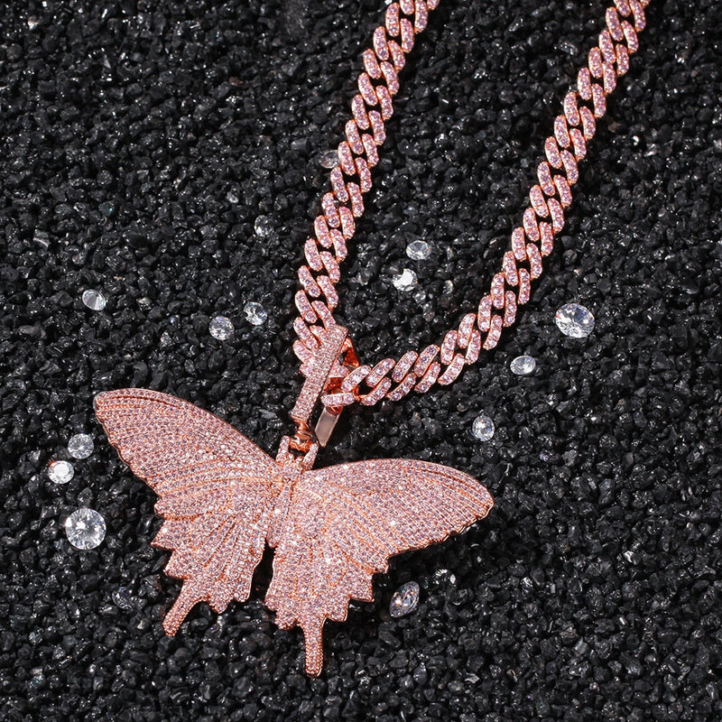 18K Gold Plated Chunky Chain Necklace Womens Bling Iced Out 3D Butterfly Necklace
