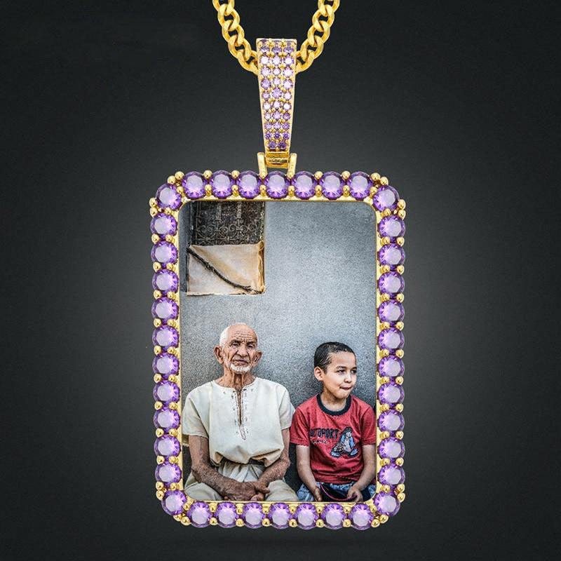 Personalized Purple Stone Rectangle Photo Necklace- Best Gifts For Her