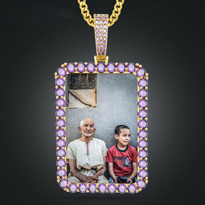 Personalized Purple Stone Rectangle Photo Necklace- Best Gifts For Her