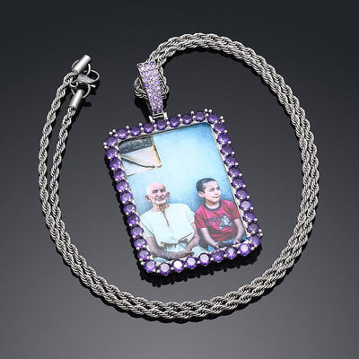 Personalized Purple Stone Rectangle Photo Necklace- Best Gifts For Her