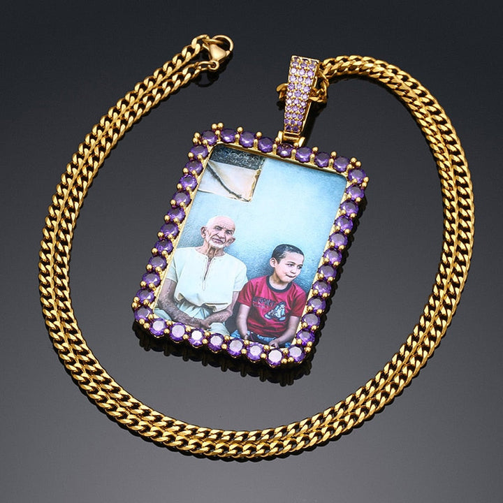 Personalized Purple Stone Rectangle Photo Necklace- Best Gifts For Her