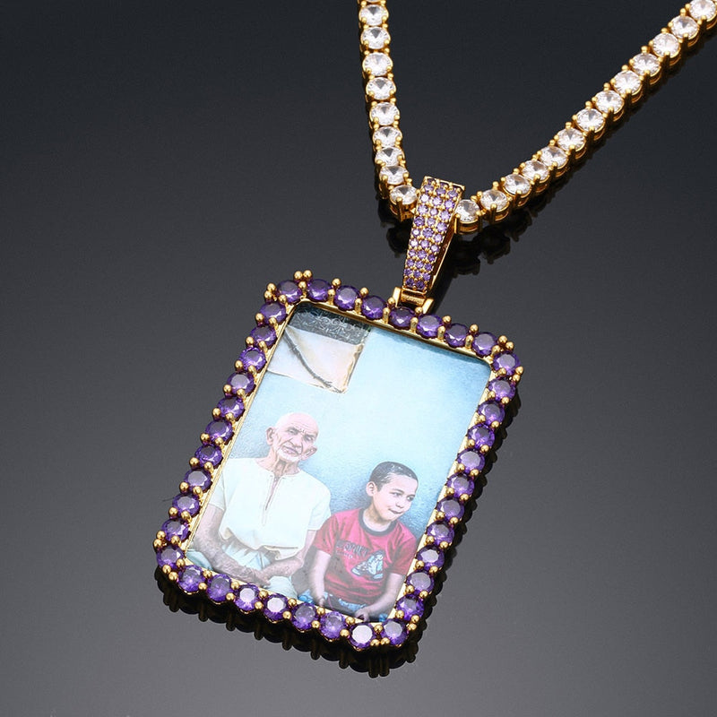 Personalized Purple Stone Rectangle Photo Necklace- Best Gifts For Her