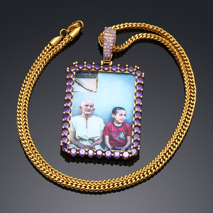 Personalized Purple Stone Rectangle Photo Necklace- Best Gifts For Her