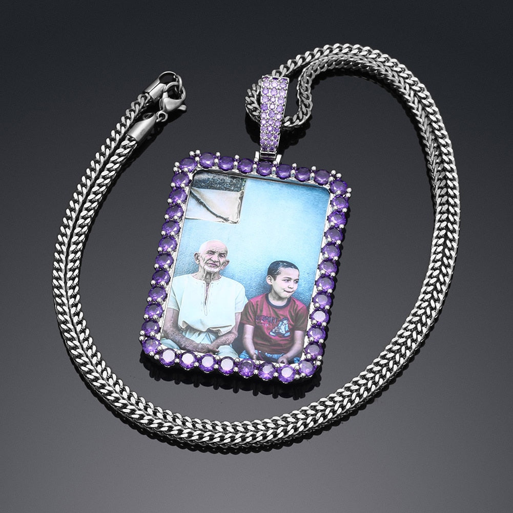 Personalized Purple Stone Rectangle Photo Necklace- Best Gifts For Her